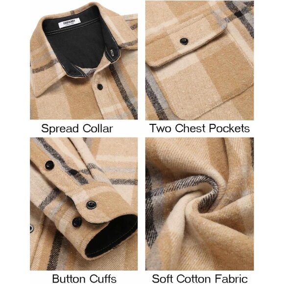 Men Khaki Flannel Shirts Long Sleeve Cotton Plaid Shirt Casual Button Down Shirt - Picture 5 of 8